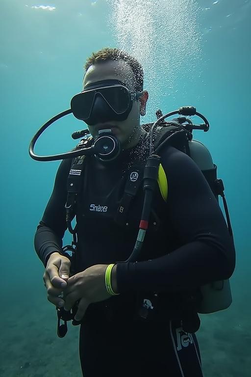Diver in scuba gear underwater. Diver focused on equipment. Bubbles rising in water column.