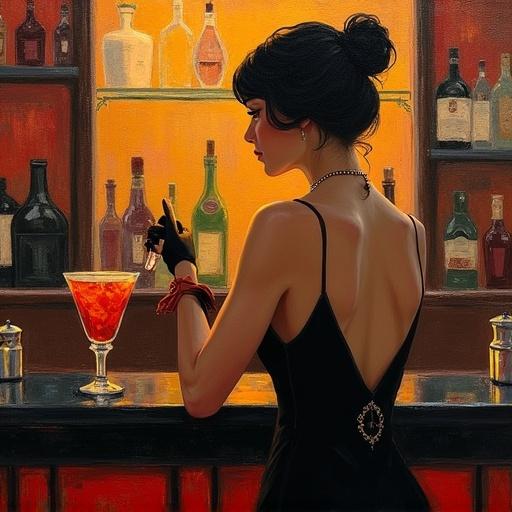 Flapper girl mixes a drink behind a dimly lit bar. Art deco 1920's speakeasy background. Heavy impasto painting. Vibrant dark colors.