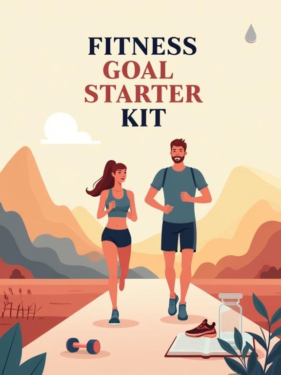 Cover design for fitness starter kit. Young woman and man jogging in sporty attire. Near a water bottle and a notebook on a path. Icons of running shoe, dumbbell, water drop, calendar. Background of mountains and trees during sunrise. Text reads 'Fitness Goal Starter Kit' in bold font.