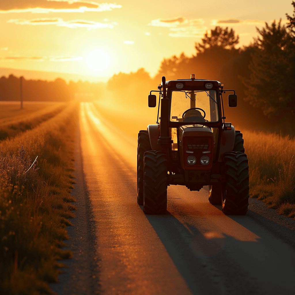 A silhouette of a tractor driving down a rural road during a golden sunset.