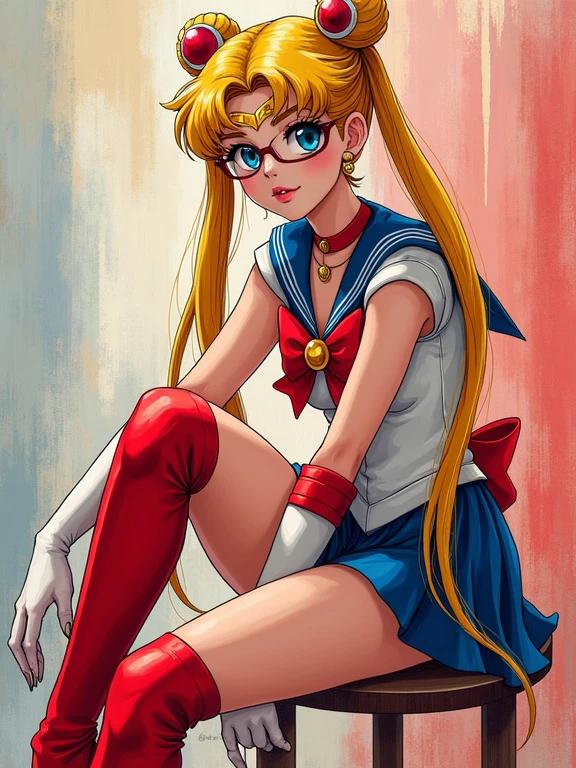 A shot of Sailor Moon. She wears glasses. She wears a tight minidress. She wears knee-high red boots. She has large bright eyes. She has long eyelashes. Her lips are full. Ultra-detailed artwork outlined with black marker. Perfect lighting and shading. Colorful dramatic minimalist backdrops. Close-up view from the side. She sits on a stool. Signature by DEIVID MIRANDA.