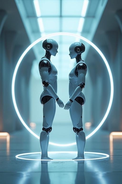 Futuristic calm world with minimalistic surroundings. Metallic shiny surfaces glow with soft blue-white light from AI systems. Central human figure surrounded by a protective light circle. Friendly humanoid AI figure with calming eyes symbolizes trust. Depicts harmony in an AI-dominated world. Colors include cool blues, white light, warm gold, turquoise accents.