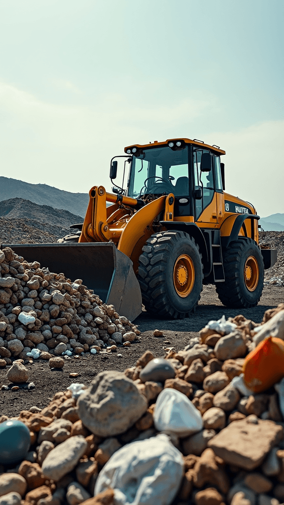 A yellow bulldozer is parked near piles of rocks on a construction site.