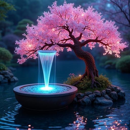 A bonsai tree resembling cherry blossoms serves as a water fountain. Bioluminescent waterfalls flow from the fountain in a Japanese garden during the night. The scene is enriched with vibrant, deep colors.