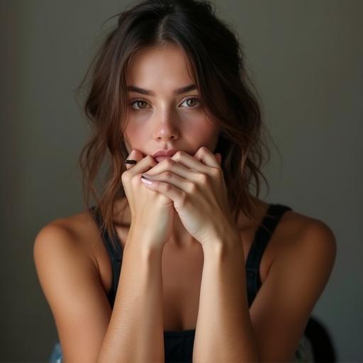 A close-up portrait of a female gamer influencer. She has brown hair and brown eyes. Posing with her hands on her face, wearing a casual outfit. The background is soft and neutral. Emphasis on natural beauty and emotional expression.