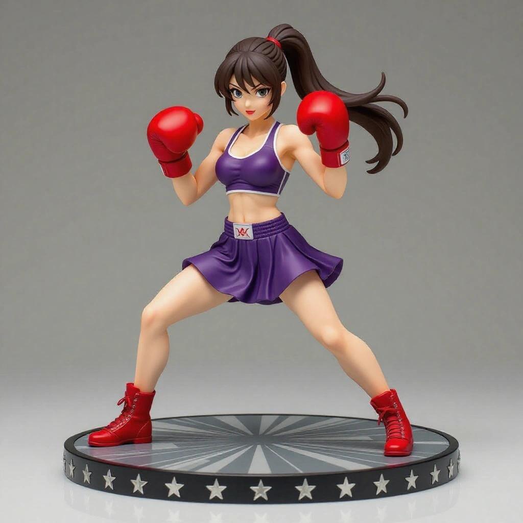 Female resin figure inspired by Hitmonchan. Sensual woman with a toned body. Charming face with confident expression. Red boxing gloves, tight sports top, flowing purple skirt. Fighting pose with one leg forward. Ponytail hair in motion. Elegant, star-decorated base. Designed for resin printing.