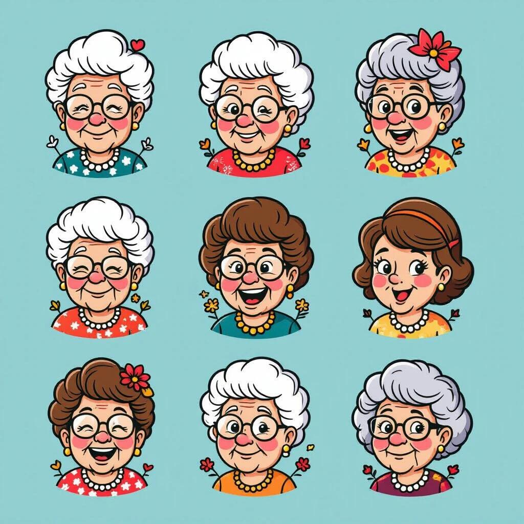 Flash tattoo sheet featuring adorable caricatures of old women with diverse hairstyles and colorful outfits. Each image embodies a cheerful expression. The background is a bright pastel blue.