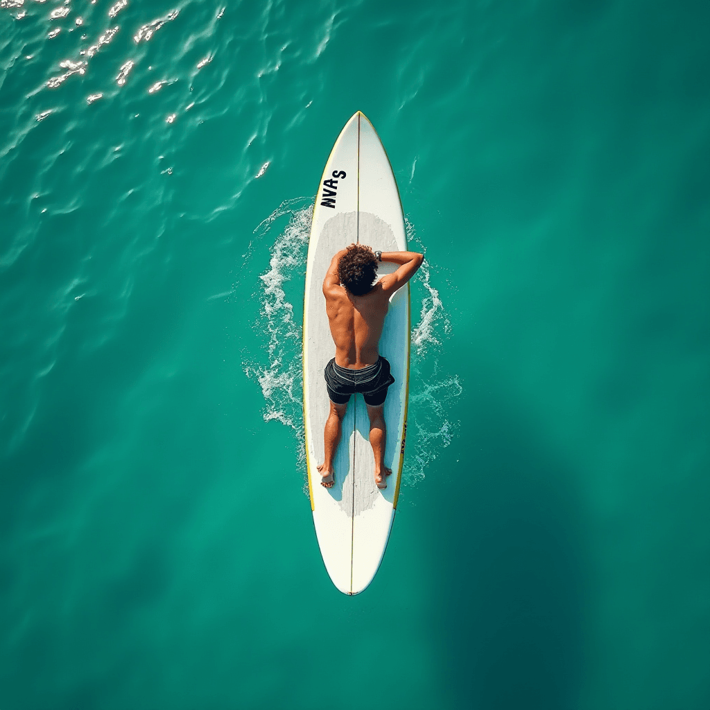 A person lies on a surfboard on calm, turquoise water, captured from above.