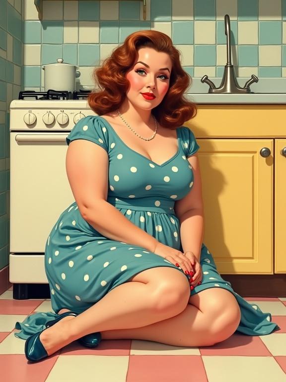 Illustration of a young woman wearing a polka dot dress sitting on a kitchen floor. She has a curvy body and medium-length wavy hair. The kitchen has a retro style with pastel-colored tiles and a vintage stove. High heels complement her outfit.