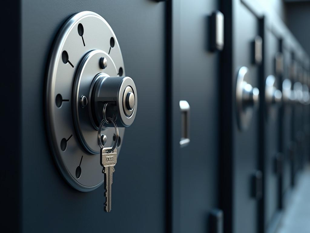 The image shows a modern safe with a key inserted into the lock. The key is attached to a simple keychain. The safe has a metallic finish and is designed to look secure and robust. In the background, there are more safe boxes, indicating a bank or a vault setting. The lighting gives the scene a sleek and professional appearance. The focus is on the key and the safe, symbolizing security and trust.