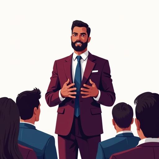 An illustration features an adult male in professional business attire confidently making a speech. The audience consists of approximately 10-15 mixed-gender individuals of various ethnicities. The color palette includes rich maroons and navy blues. The background is transparent.