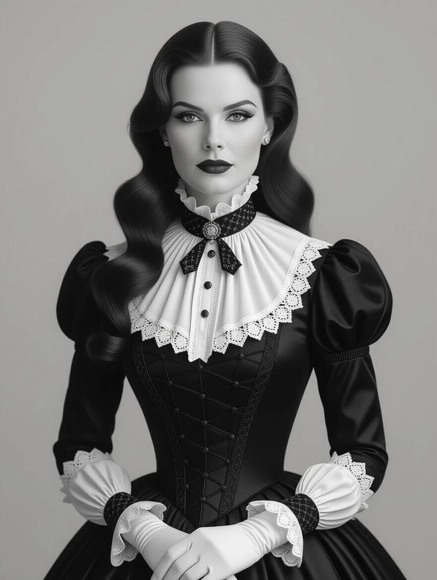 Full body frontal of a woman in a Victorian dress. Image in black and white. Long brunette hair styled elegantly. Makeup with perfect eyebrows and eyelash. Form-fitting frilly dress with a high collar. Inspired by an old photograph.