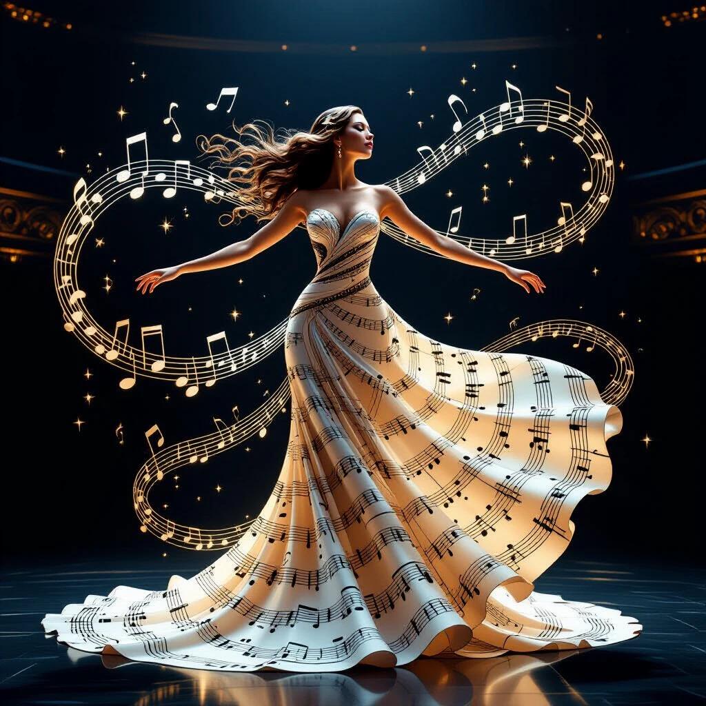 A graceful woman appears composed of flowing musical notes. The design includes swirling sheet music. Her body shapes with melodic lines and treble clefs. Arms are outstretched as notes spiral around her. The setting is a dark concert hall with an abstract background. Glowing accents in gold and silver create elegance in motion. The atmosphere is surreal and poetic with a concept art style.