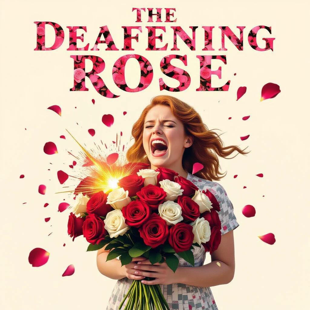 Movie poster for DEAFENING ROSE featuring a woman holding a bouquet of roses. Title in exploded floral serif with petal debris. Background has vibrant colors and visual impact. Flowers appear to burst outward.