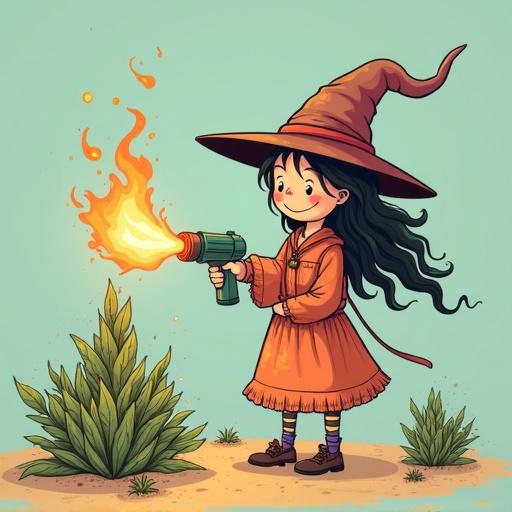 Cheerful witch wearing an orange dress and hat using a flamethrower to light sage. Smoke ghosts representing bad vibes float away. Illustrative style with minimal linework and earthy tones. A blend of hippie and gangsta vibes in a playful setting.