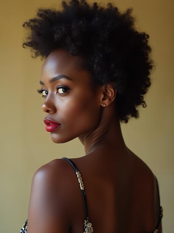Portrait of a black woman with a short afro hairstyle. She is looking back over her shoulder. Bright lipstick is visible, highlighting her features. The background is softly blurred.