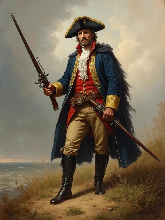 Painting depicts a soldier from American Revolution era. Soldier wears a traditional American coat. He carries a cavalry sword and flintlock pistols. Background features a coastal landscape.