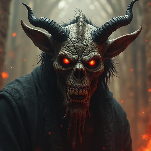 A grotesque demon with an intimidating appearance. Features include sharp horns and glowing red eyes. The setting gives a hellish vibe with dark tones and an eerie, ominous atmosphere.