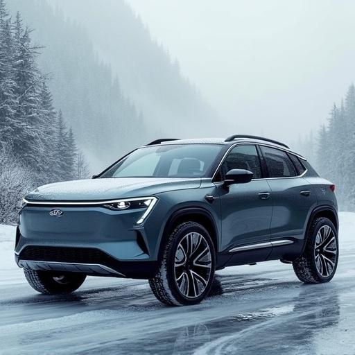 Futuristic SUV design in a snowy landscape. Electric vehicle from China set in the year 2035. All-terrain capabilities showcased.