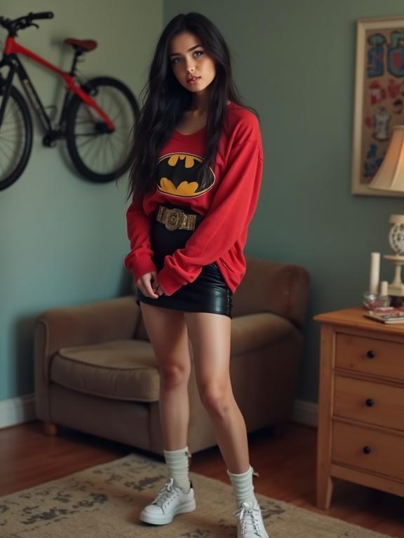 Eighteen-year-old teenager with long black hair wearing a red Batman shirt and a black mini skirt. She stands in her stylish room with a bicycle on the wall. A relaxed pose is captured in soft lighting.