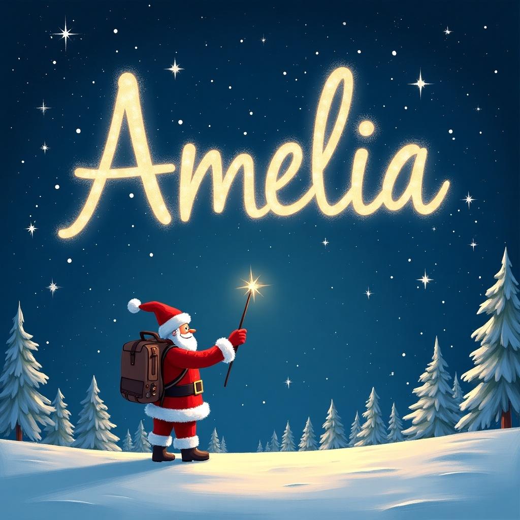 Santa Claus writing Amelia in the sky using a sparkling wand