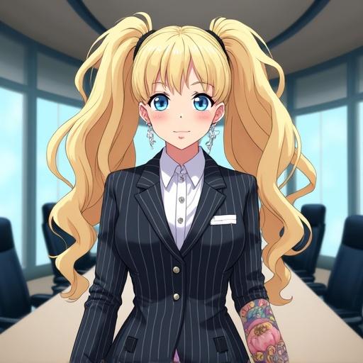 Anime character in a modern office. Woman wearing a pinstriped dress. Long light blonde curly pigtails. Traditional Japanese tattoos visible. Professional and muscular appearance. Inside a hi-tech boardroom. Modern corporate building setting.