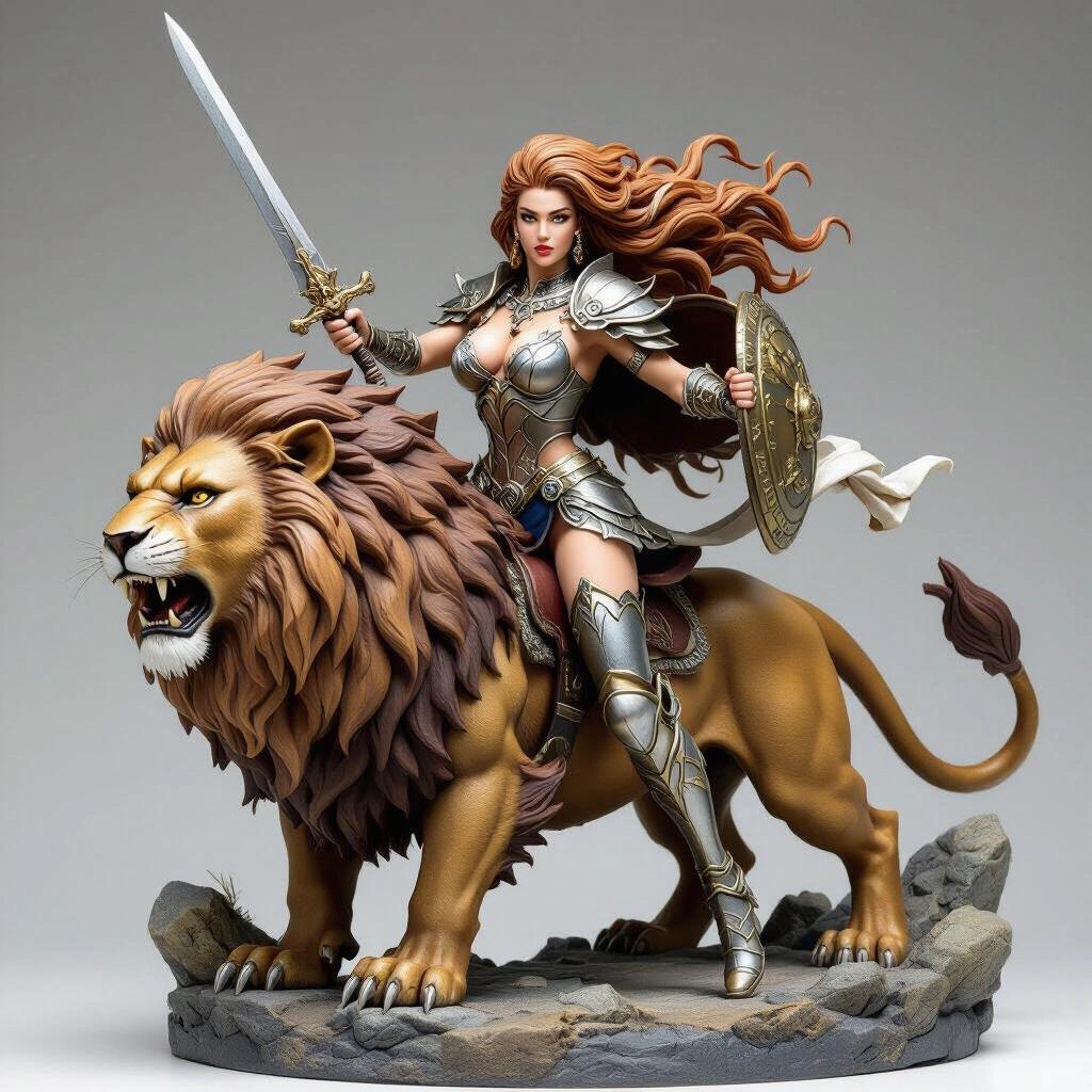 Ultra-detailed resin sculpture of a female version of a fierce goddess mounted on a giant lion. Female figure in a dominant pose on lion's back. Legs spread and firm, torso upright, brandishing a sword and shield. Long wavy light brown hair with white highlights blown by the wind. Stylized feline-style armor with claw-shaped details. Haughty determined expression. Lion posed dominantly. Base is rocky with solar or astral symbols. Semi-realistic style with high detail for resin printing. Epic powerful aesthetic in the Zodiac Queens universe.