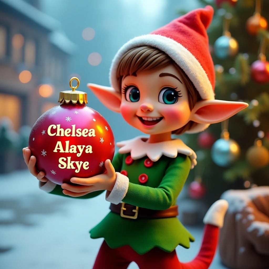 This image features a cheerful Santa's elf character dressed in a green and red outfit, complete with a festive red hat. The elf is holding a large Christmas bauble that prominently displays the name 'Chelsea Alaya Skye.' The environment suggests a snowy, festive setting with twinkling lights and a decorated Christmas tree in the background. The lighting is soft and warm, enhancing the holiday spirit. The elf's joyful expression adds to the charm of the scene, making it perfect for holiday themes.