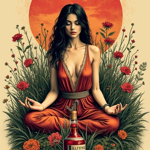 A voluptuous goddess meditates peacefully in lush green surroundings. She wears a semi-transparent silk dress. In her hand is a tasting glass with reddish herbal liqueur. An apothecary-style spirit bottle sits prominently in the foreground. Flowers and herbs surround the scene. The atmosphere conveys relaxation and escape.
