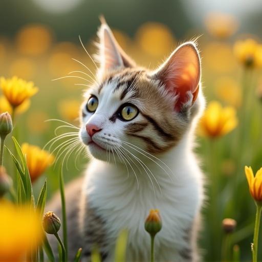 A cat exploring a flower field filled with yellow tulips. The cat looks curiously to the side with its head turned.