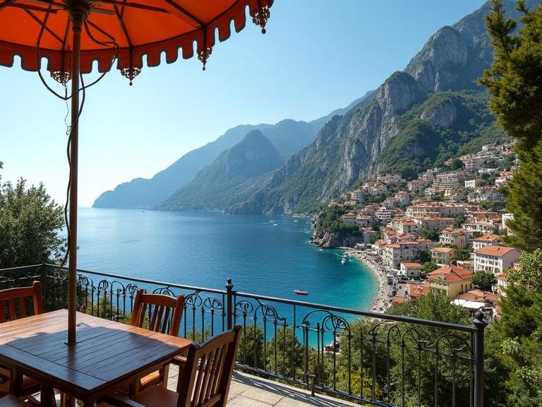 Photographically realistic image showcasing the scenic beauty of the Amalfi Coast and Capri Island. A terrace view with a wooden table and umbrella overlooking the coastline, mountains, and clear blue water.