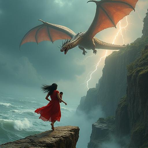 Panicked woman in red sari with baby running across windy cliff. Giant winged serpent swooping from stormy clouds. Lightning and crumbling cliffs in the background. Pixar cinematic 3D style.
