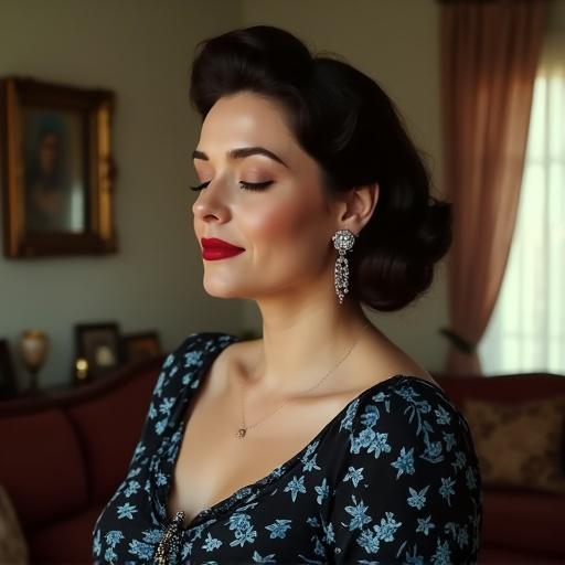 Charming housewife in vintage living room. She has closed eyes and a slight smile. Thick body type with a 1950's hairstyle. Long diamond earrings and big red lips. Dressed in a black and blue floral vintage dress. Shot in realistic HD digital photo style.