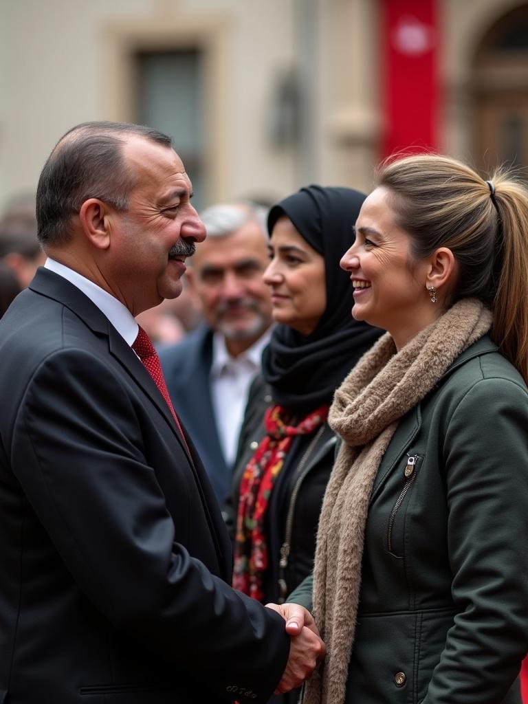 Image captures two individuals engaging in a handshake under soft diffused lighting. The backdrop includes an audience with blurred faces to maintain anonymity. The main focus is on their expressions and the cultural significance of the moment. Both subjects exemplify political affiliation.