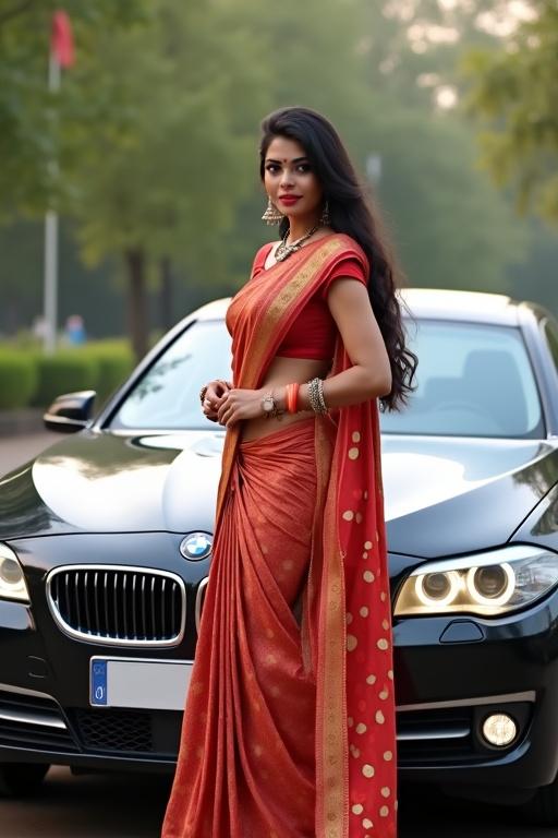 Indian woman dressed in traditional saree stands with BMW car adjusting her saree