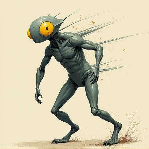 Minimalist humanoid character design featuring a quickling lord. Simplified style with clean lines. Metallic skin and large yellow eyes. Abstract shapes represent speed and power. Limited color palette for a striking appearance.