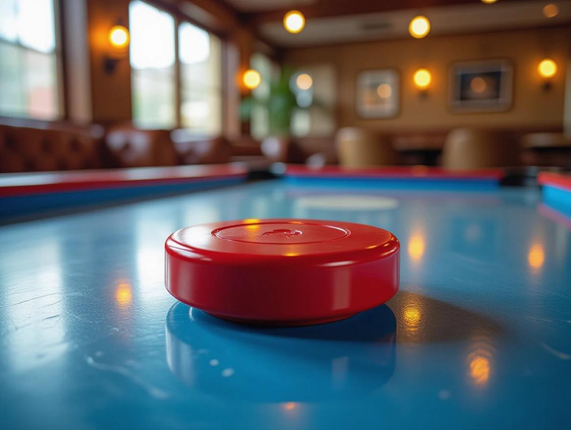 Extreme close-up of red air hockey puck on smooth blue table. Gloss and scuff marks visible under soft lighting. Background is a warm blur of opulent game room. Shallow depth of field adds intimacy and realism.