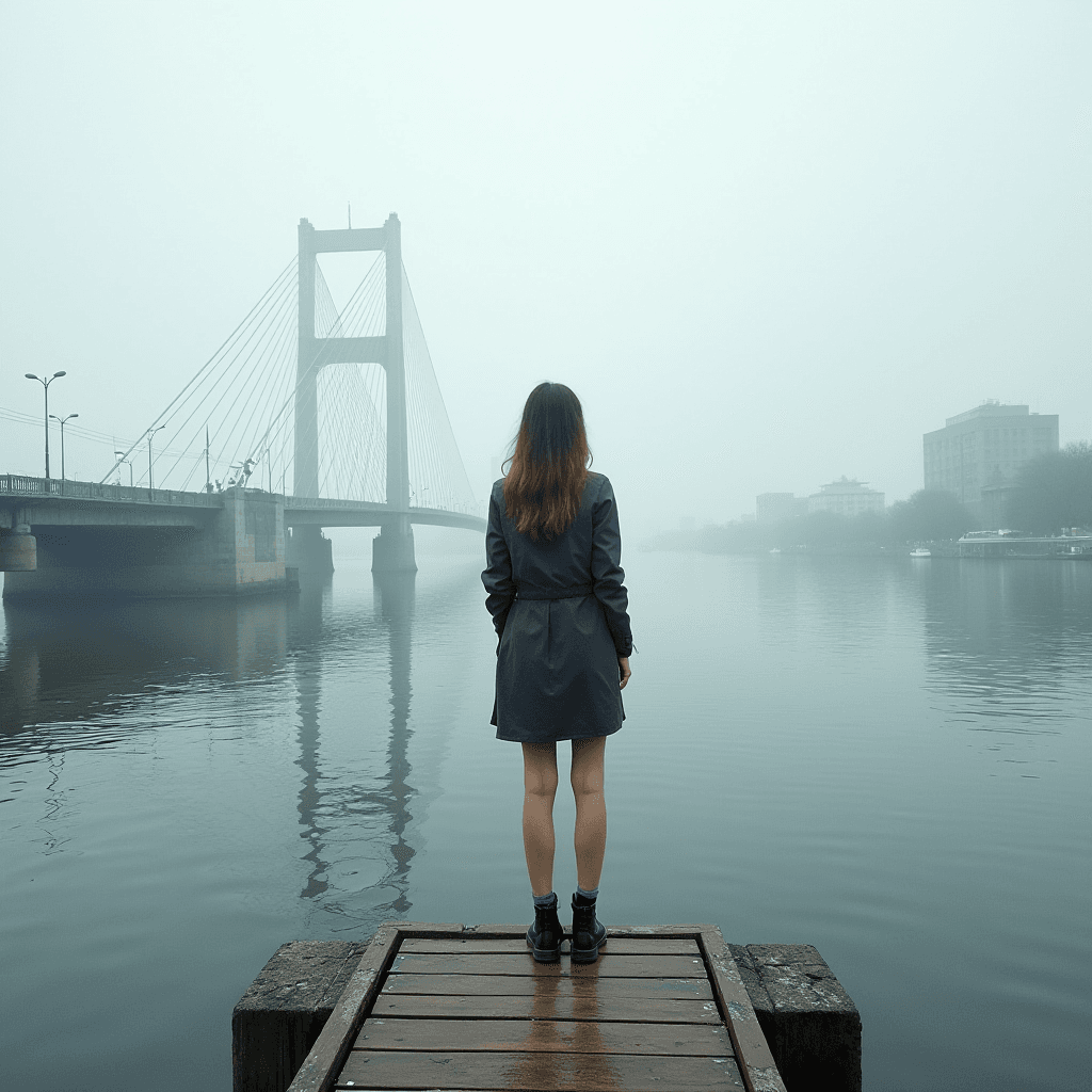 A lone figure stands on a wooden dock facing a foggy bridge over calm water.