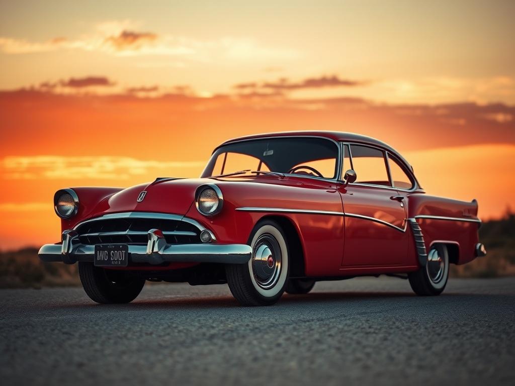 A vintage red car parked on an open road at sunset, surrounded by a vivid sky.