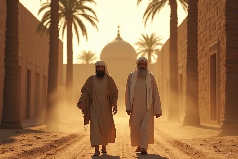 A realistic 3D cinematic scene in ancient Medina. Two men walk on a dusty path toward an Islamic court. Hazrat Ali wears simple Islamic clothing. The Jewish man wears traditional attire. The path is surrounded by stone buildings and palm trees. Dust fills the air. Soft golden sunlight filters through. The dome of the court is in the distance. The atmosphere is respectful and spiritual. High detail and cinematic lighting.