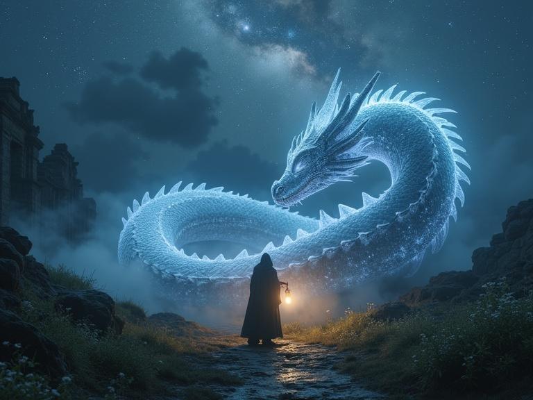 Cinematic twilight scene in wide-angle shot. Vast mystical landscape with ancient ruins overgrown with moss and wildflowers. Massive coiled dragon made of translucent starlight and silver smoke, asleep. Cloaked human figure stands with glowing lantern in warm golden light. Cosmic sky with nebulae and ancient symbols mixed with constellations. Mood is sacred and hushed. Photorealistic style. Color palette is deep indigos, soft silver-blues, and golden glow. Aspect ratio is 16:9, shot on 35mm lens.