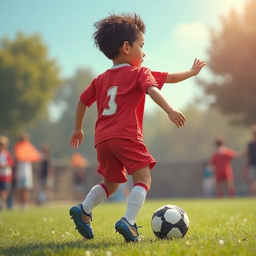 Child playing soccer outdoors in red sports uniform with number three. Child focuses on soccer ball with energetic expression. Soft lighting creates a cheerful scene. Grass field and other kids are in the background.