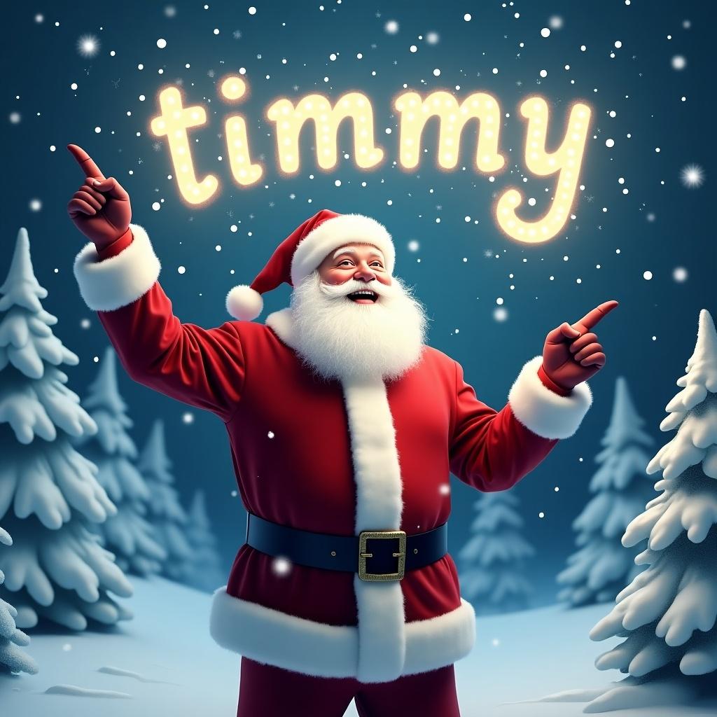 The image depicts a joyful Santa Claus standing in a winter wonderland. He is dressed in his traditional red suit with white trim and a matching hat. Santa is pointing upward as if he is magically writing a name in the sky. Snowflakes gently fall around him, adding to the festive atmosphere. In the sky, glowing letters spell the name 'timmy', enhancing the magical scene. The background features beautifully snowy trees, creating a perfect Christmas backdrop.