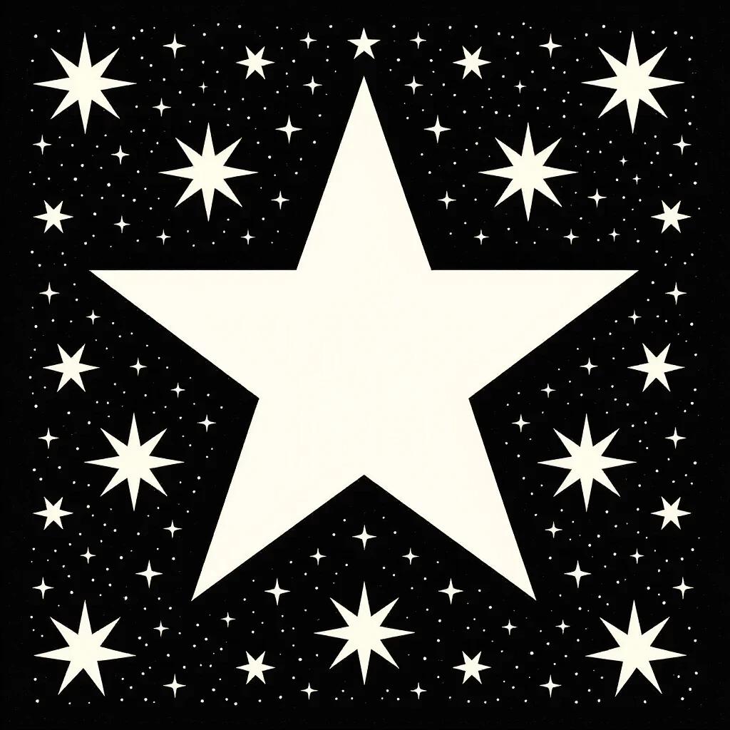 A single large white star in the center surrounded by smaller white stars. Black background with a star pattern. Simple and minimalistic design.