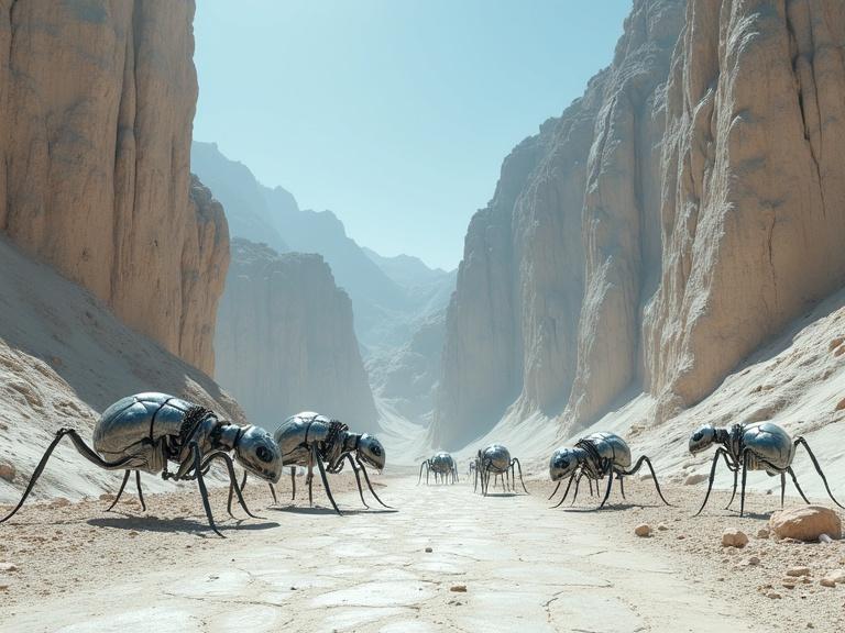 Image of huge sleek silver metallic biomechanical alien robot ants in a white desert setting with dark cave tunnels in tall mountain canyons. The ground appears cracked and dry, with a sunny blue sky above. The scene is cinematic with realistic details and textures.