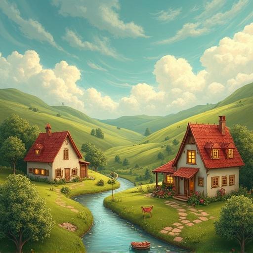 Whimsical countryside village scene. Quaint village houses with warm glowing windows. Houses are nestled among rolling hills. Gentle streams flow through the scene. Sky filled with swirling clouds. Subtle signs of cozy village life like distant figures and garden patches.