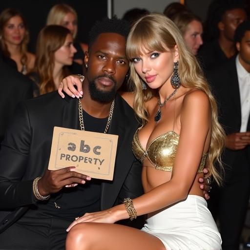 Photorealistic image of young woman wearing gold bikini top and white miniskirt at an awards show. She is draped over a man wearing a sign. They appear happy. The setting is lively and vibrant.