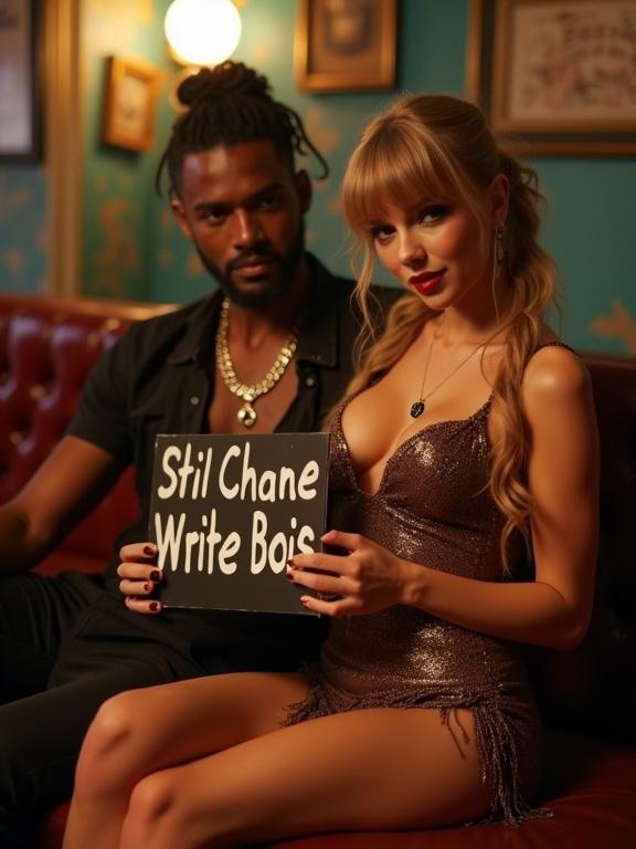 Zoomed out full body shot of a woman and a man sitting on a couch in a nightclub. The woman is beautiful with a bodycon dress, holding a sign. The man is beside her. The atmosphere is lively and colorful.
