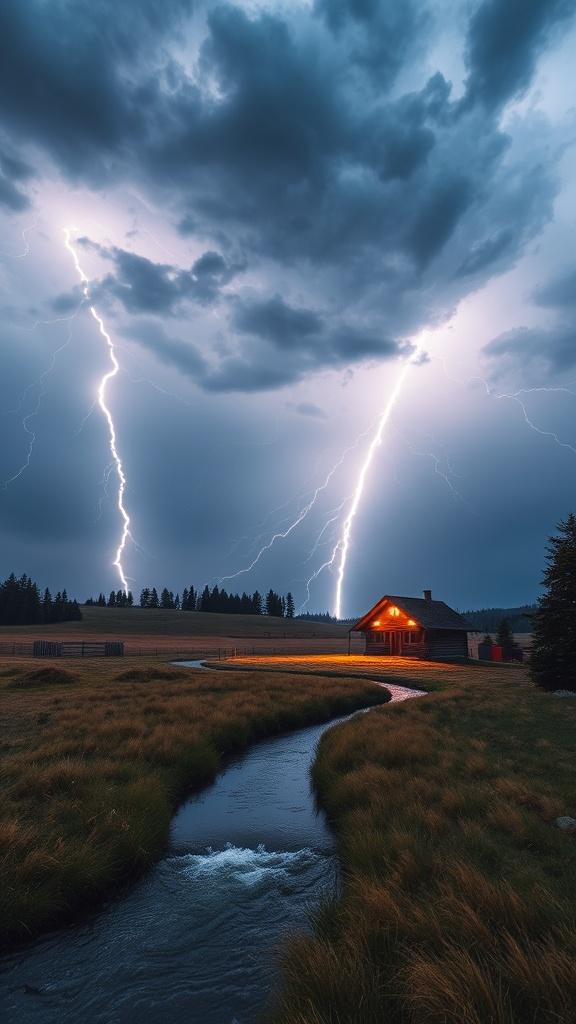 A scenic landscape features a cabin with warm lights amidst a stormy sky and lightning strikes.