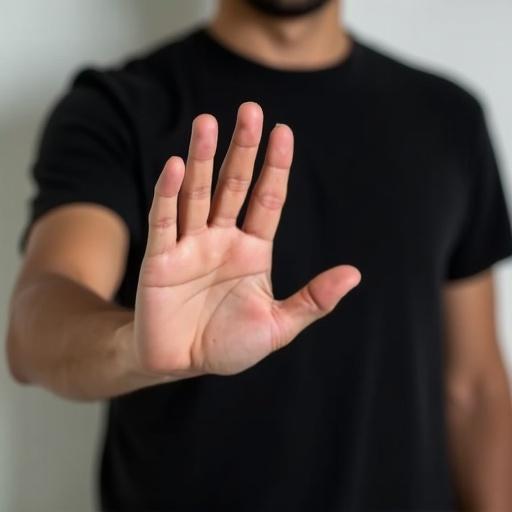 Close-up of a man's chest and stomach wearing a black t-shirt with a raised right hand in a defensive stop gesture. Palm facing outward, fingers close together. The face is not visible. Posture shows alarm with tense body language.